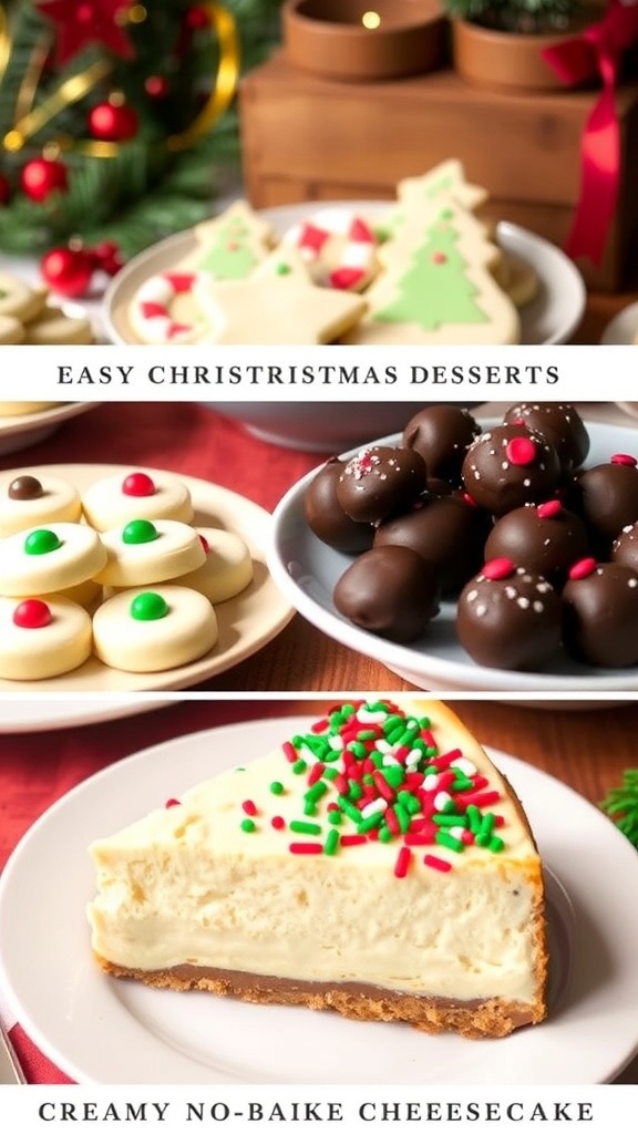A collection of Christmas desserts: sugar cookies, chocolate truffles, and no-bake cheesecake on a festive table.